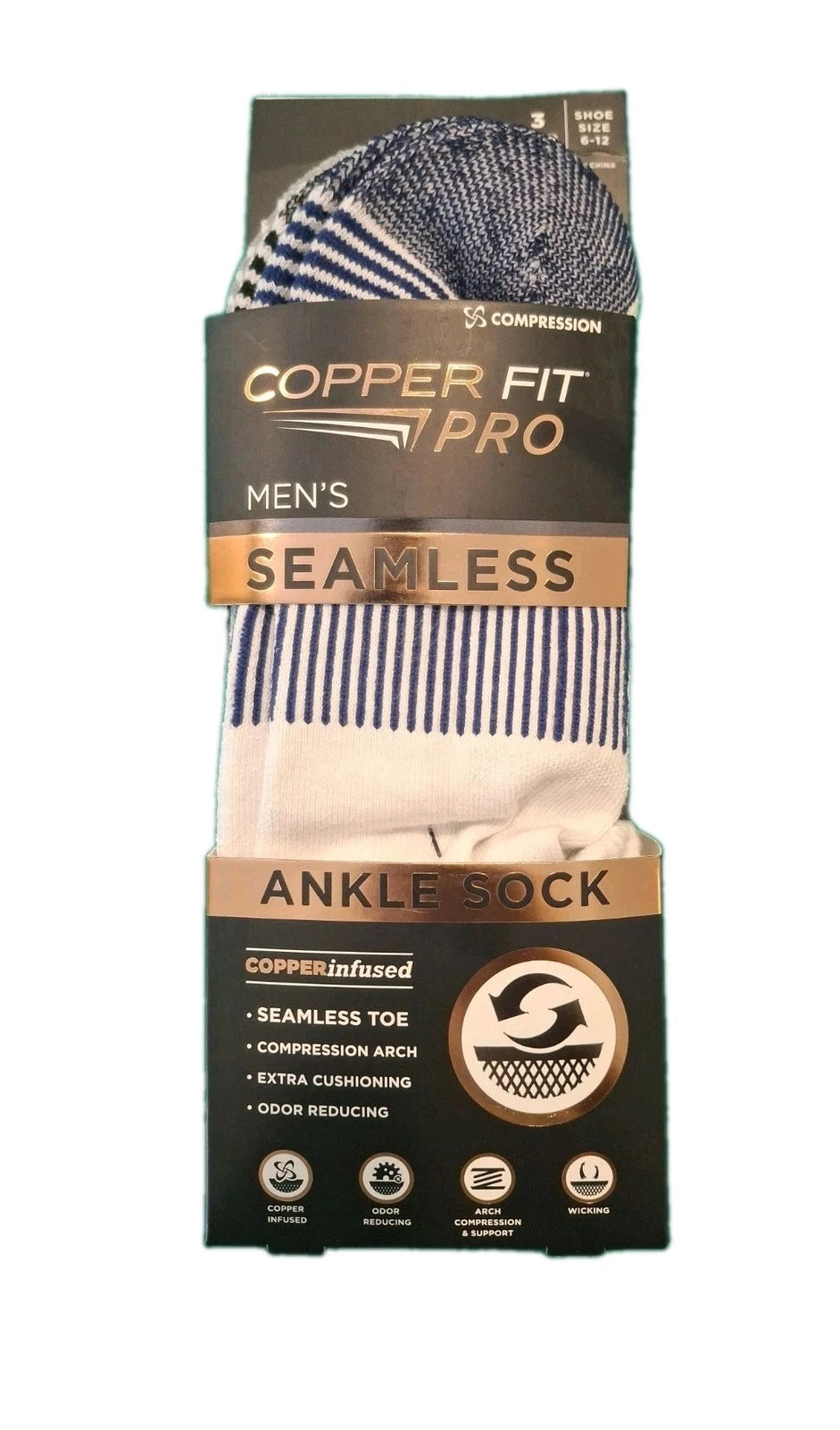 Copper Fit Men’s Seamless Mens Ankle Socks, Size 6-12