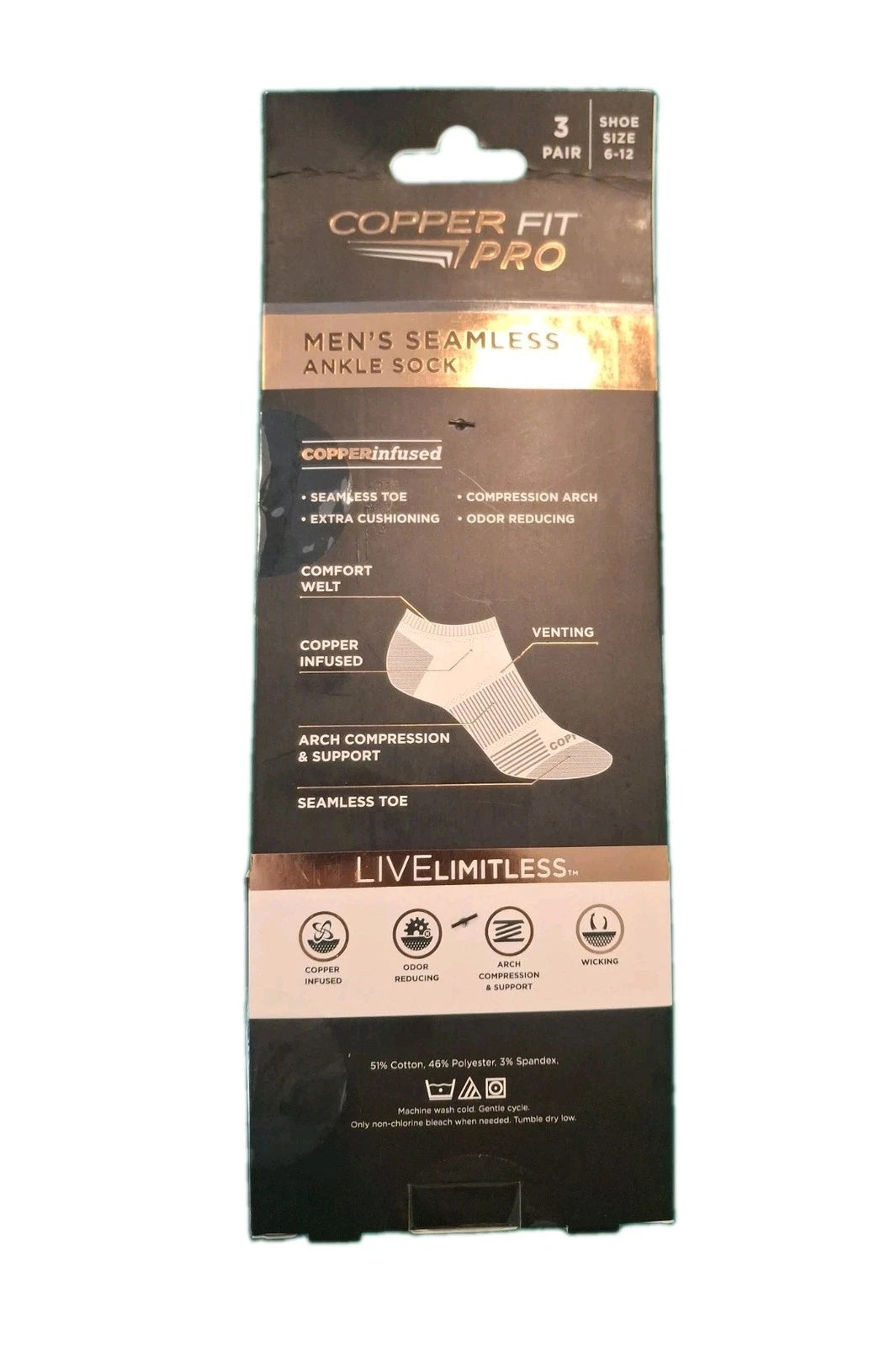 Copper Fit Men’s Seamless Mens Ankle Socks, Size 6-12