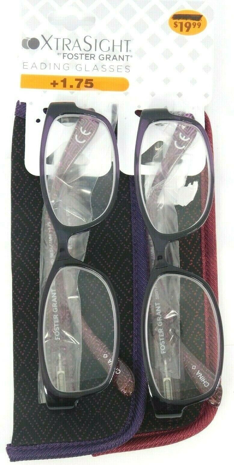 LOT OF 2 - Reading Glasses Foster Grant Kyra Purple w/ Cases +1.75