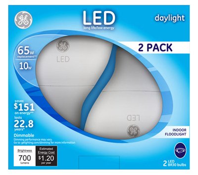 GE LED 10-Watt Floodlight Medium Base, Daylight, 2-Pack - General Wholesale Direct