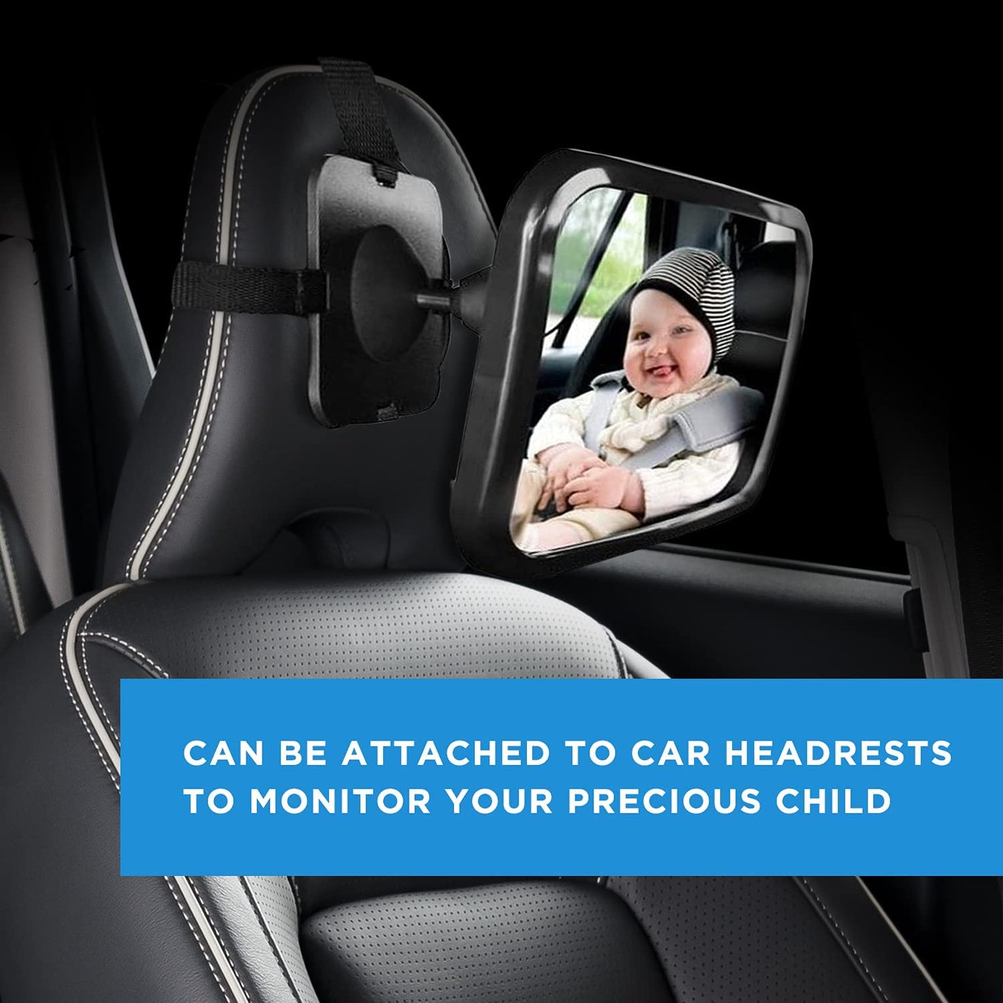 ZogeeZ XL Baby Car Mirror, Safety Car Seat Mirror for Rear Facing Infant with Wide Crystal Clear View, Fits on Headrest Shatterproof, Fully Assembled - Installed view