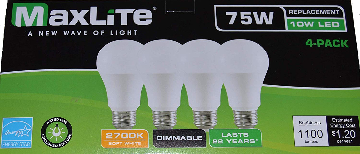 MaxLite 4 Soft White LED A19 Light Bulbs 10W (75 W) - General Wholesale Direct